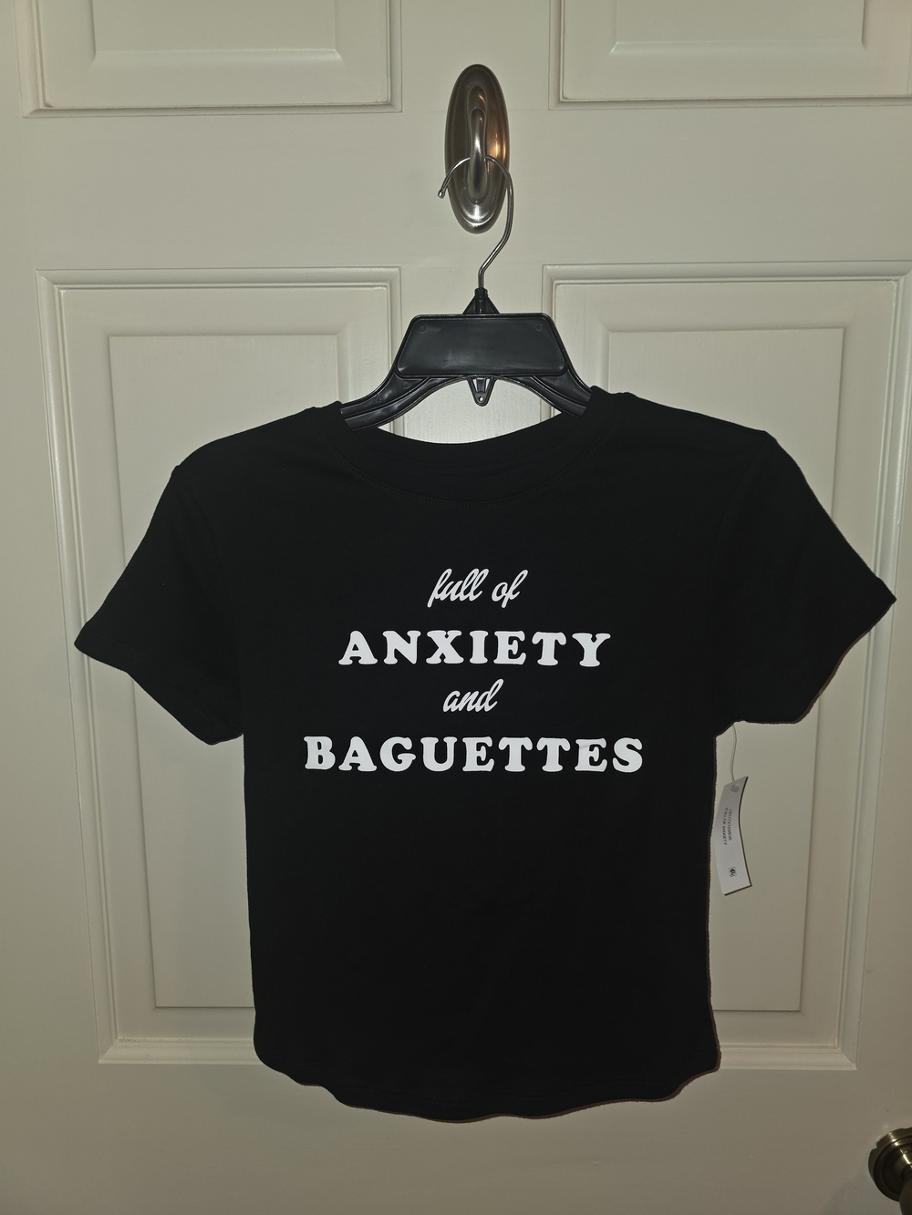Black 'Full of Anxiety and Baguettes' Crop Tee
